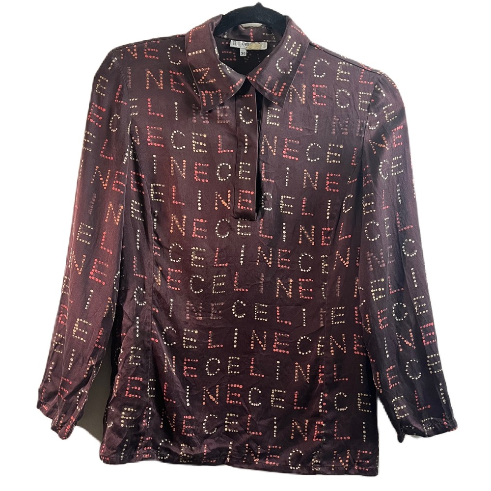 Celine Vintage 100 % Silk Brown Orange Logo Patterned Shirt